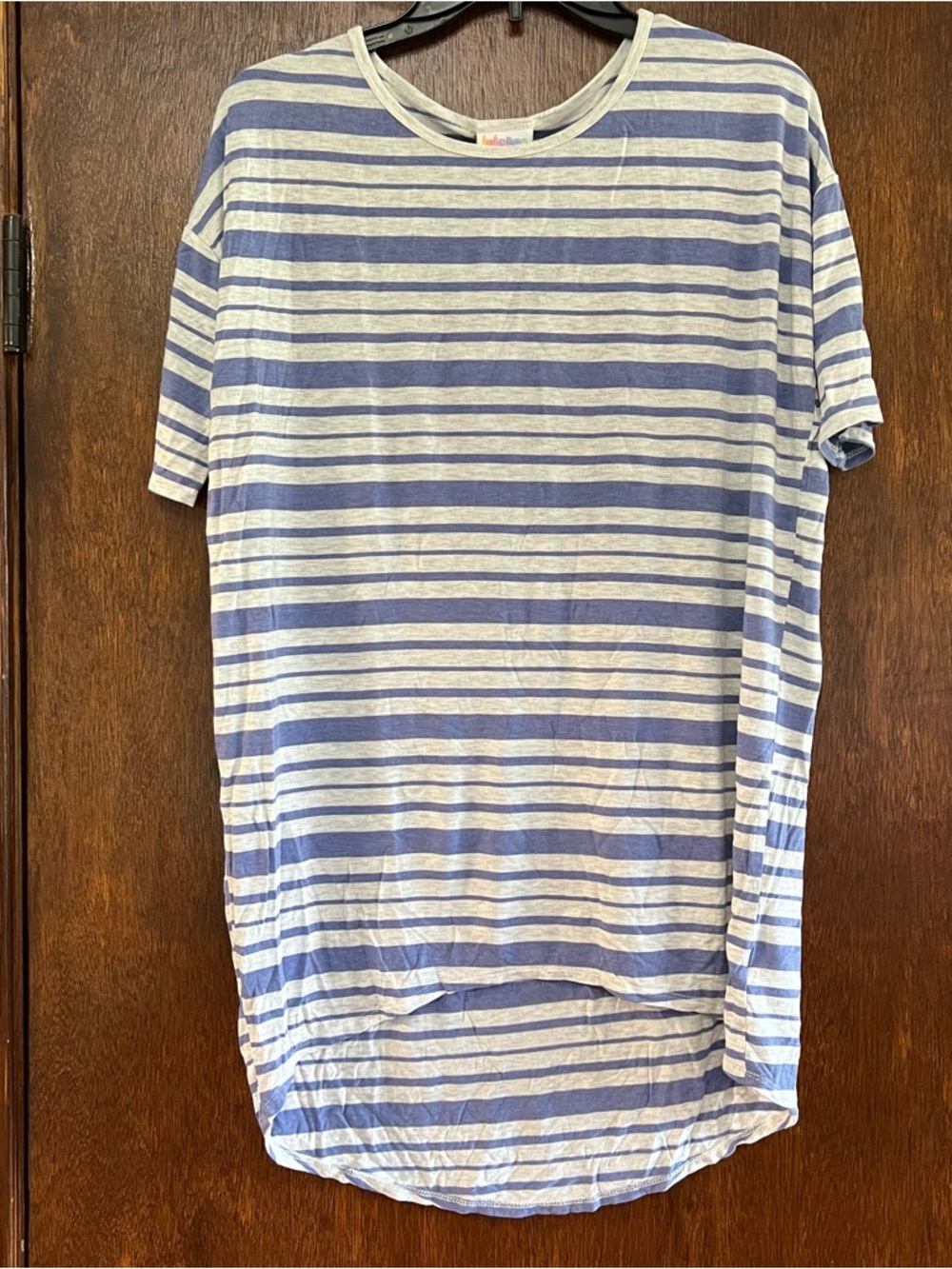 LuLaRoe Irma Blue and Gray/White Striped Short Sleeve Tee